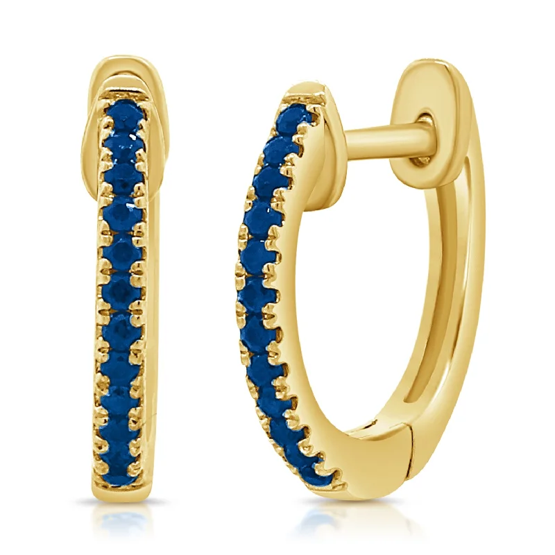 women's birthstone earrings -Blue Sapphire Huggies Halfway Set mounted in 14Kt Gold