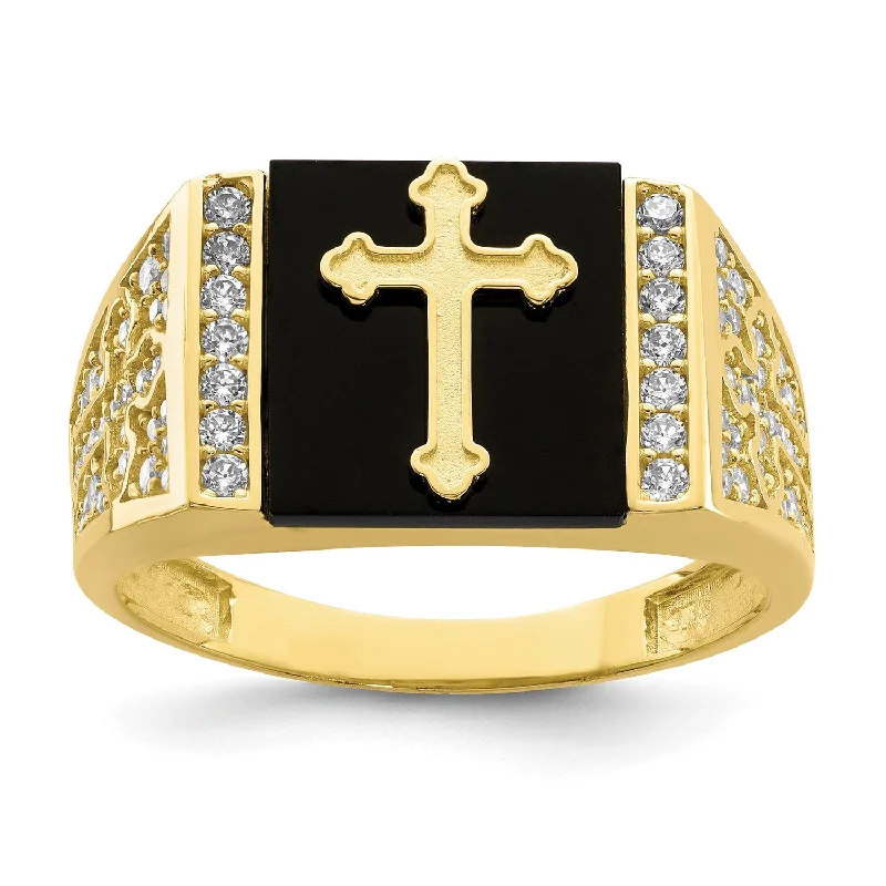 women's engagement ring with vintage diamond -Onyx and Cubic Zirconia Cross Ring in 10KT Yellow Gold; Size 10