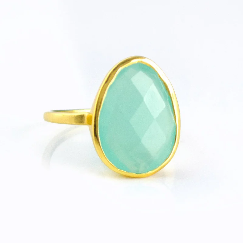 women's engagement ring with oval diamond -Aqua Chalcedony Teardrop Oval Ring