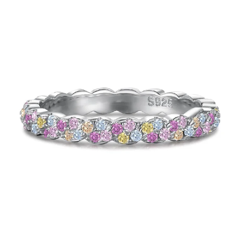 women's engagement ring with twist band -Sterling Silver Multicolor CZ Eternity Ring - Rainbow Round Cut Gemstones