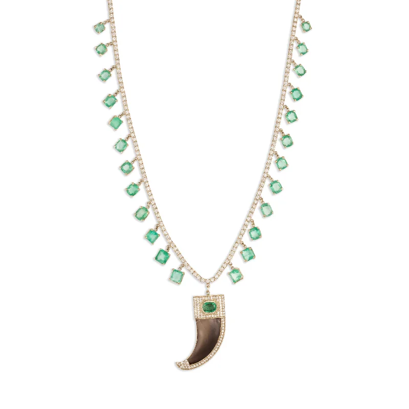 women's celestial necklace -PAVE EMERALD CENTER CAP CLAW CHARM + EMERALD SHAKER TWIGGY DIAMOND NECKLACE