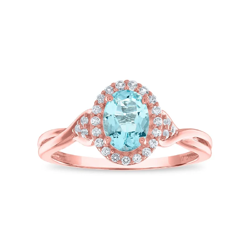 women's engagement ring with geometric shapes -7X5MM Simulated Aquamarine and White Sapphire Ring in 10KT Rose Gold