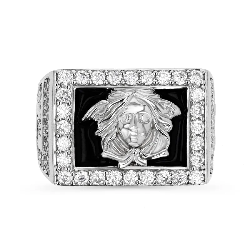 women's engagement ring with vintage halo -Luxe Layers Sterling Silver and Cubic Zirconia Black Enamel Medusa Ring