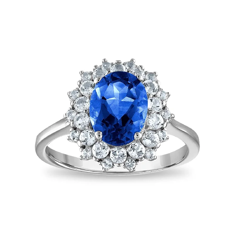 women's engagement ring with opal accent -9X7MM Oval Blue Sapphire and White Sapphire Halo Ring in Sterling Silver