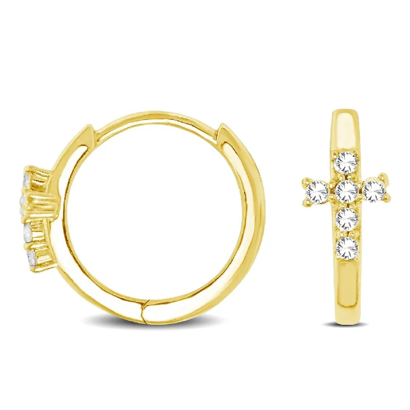 women's pear-shaped earrings -10K Yellow Gold 1/8 Ctw Diamond Cross Hoop Earrings