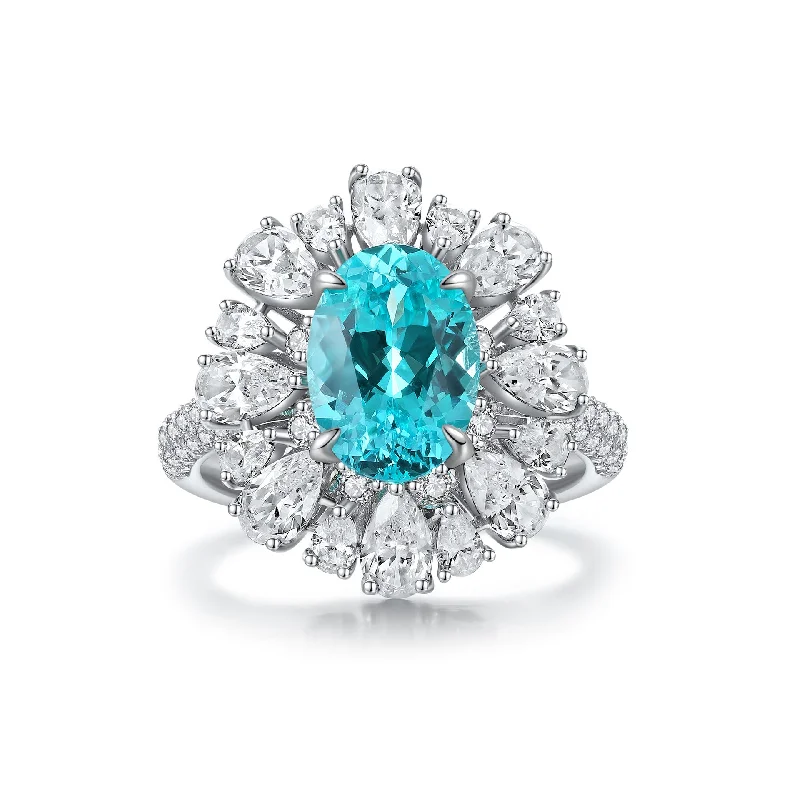 women's engagement ring with white gold -Lab-Grown Oval Cut Paraiba Ring in 925 Sterling Silver