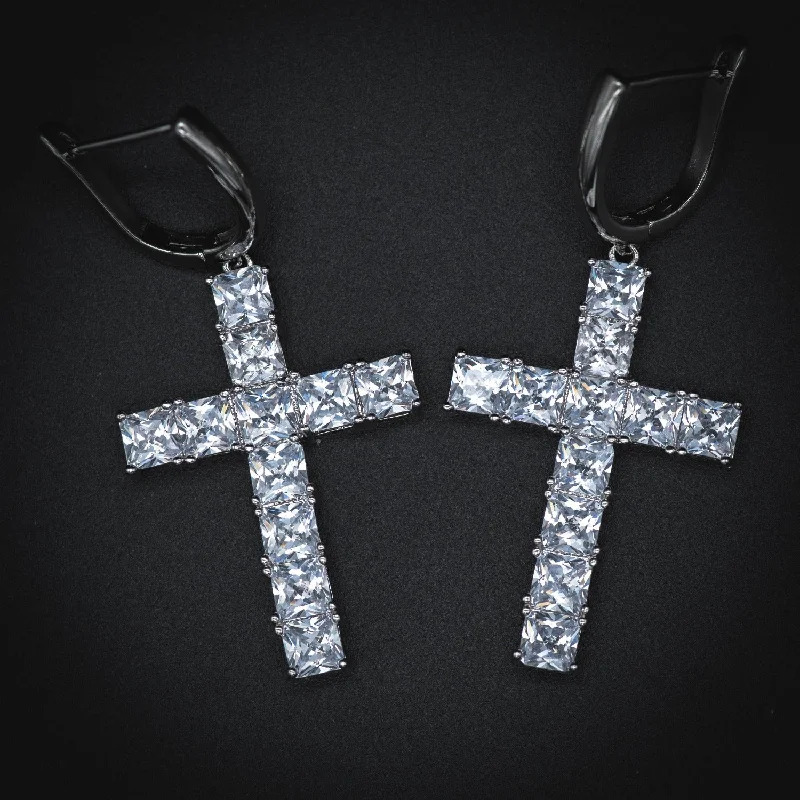 women's ear climbers -Diamond Cross Hoop Earrings in Yellow/White Gold