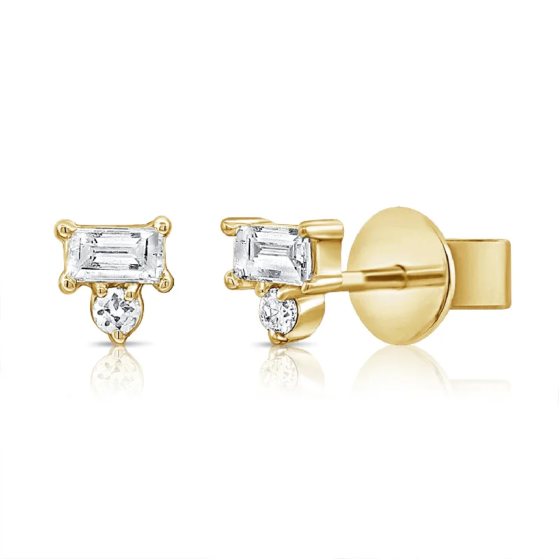 women's trendy earrings -Elegant Baguette & Round Diamond Stud Earrings in 14K Gold