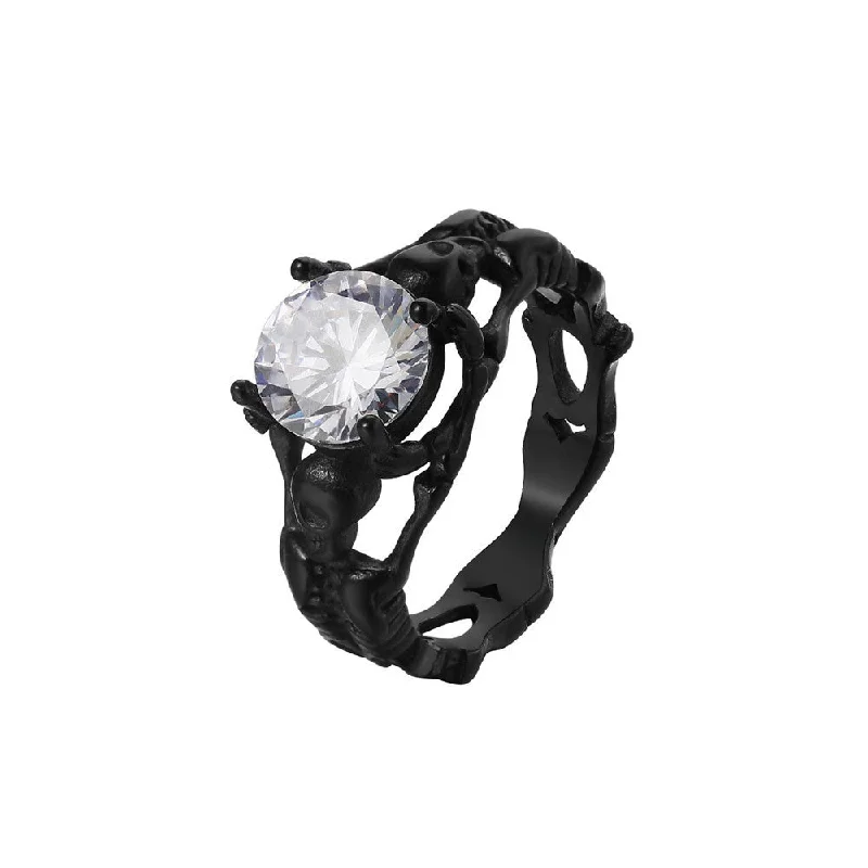 women's engagement ring with bold design -Black Skeleton Ring with Clear Gemstone Gothic Jewelry Stainless Steel