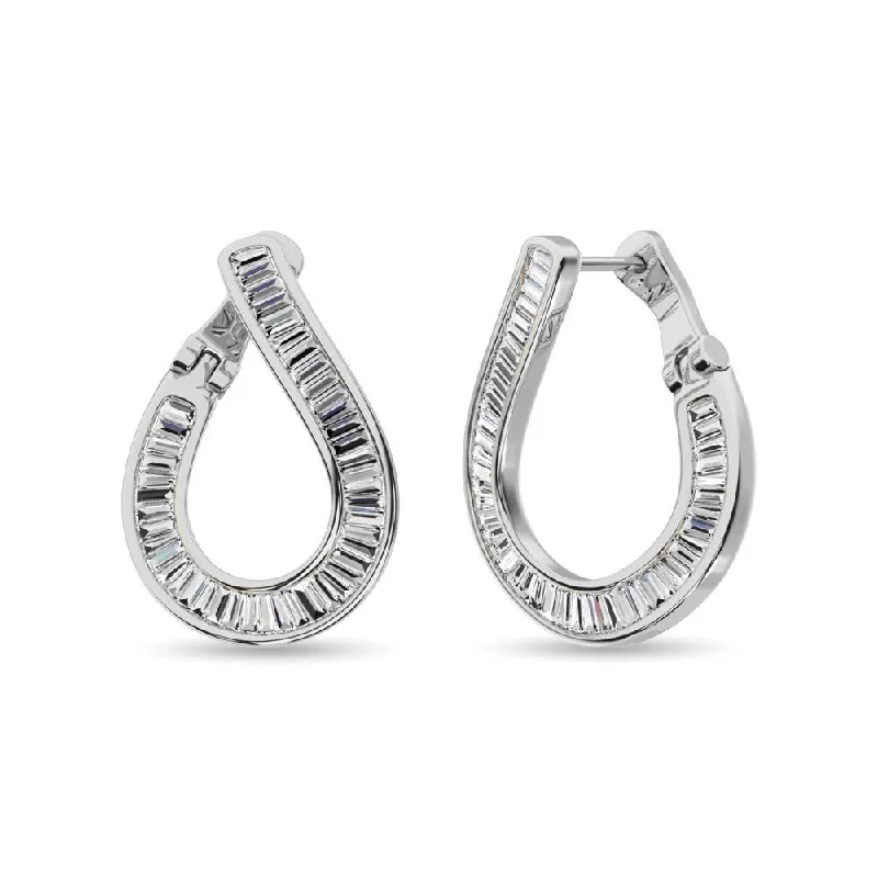 women's trendy earrings -Diamond 1 1/2 Ct.Tw. Baguette Hoop Earrings in 14K White Gold