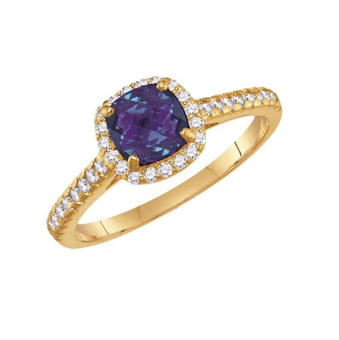 women's engagement ring with stackable design -6MM Cushion Alexandrite and White Sapphire Birthstone Ring in 10KT Yellow Gold