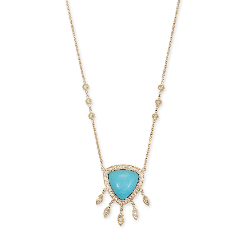 women's friendship necklace -PAVE TURQUOISE TRILLION + 5 MARQUISE DIAMOND SHAKER NECKLACE