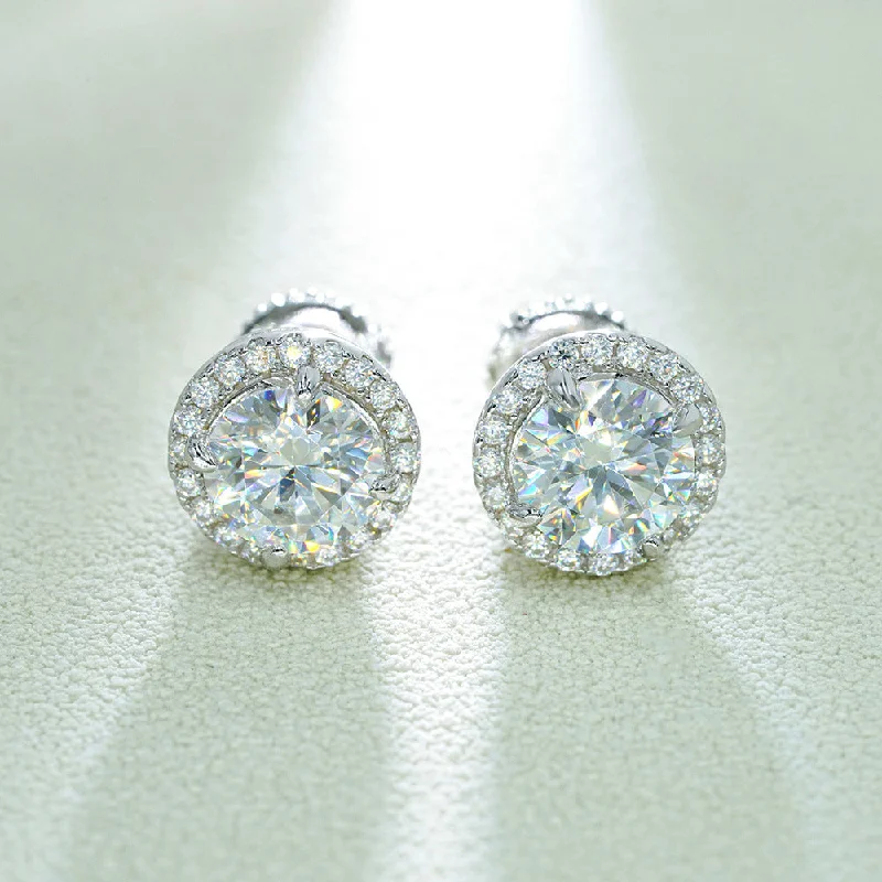 women's engagement earrings -Moissanite Diamond Halo Sterling Silver Earrings in Yellow/White Gold