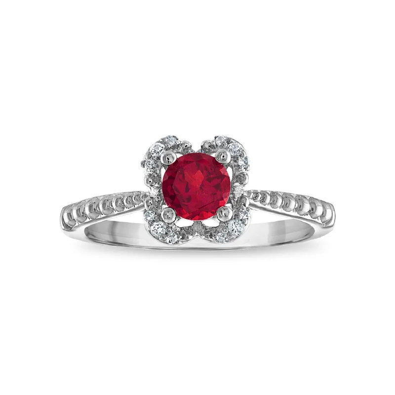 women's engagement ring with ruby center stone -5MM Round Ruby and White Sapphire Birthstone Flower Halo Ring in Sterling Silver