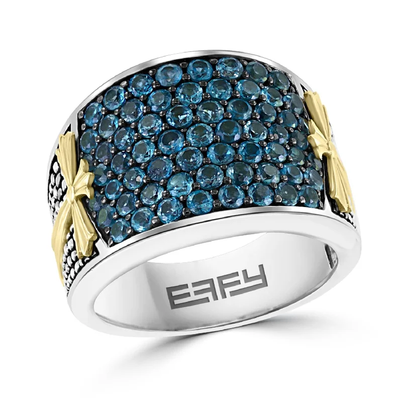 women's engagement ring with high setting -EFFY Round London Blue Topaz Fashion Ring in Sterling Silver with Yellow Gold Plated Crosses