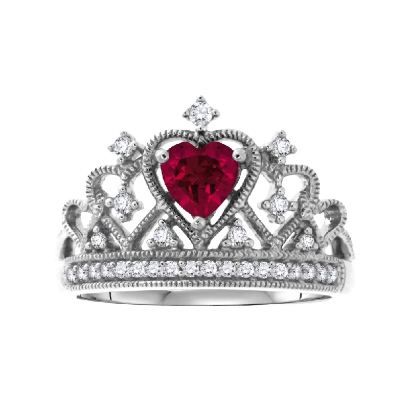 women's engagement ring with princess-cut halo -5MM Heart Shape Ruby and White Sapphire Tiara Crown Ring in Sterling Silver