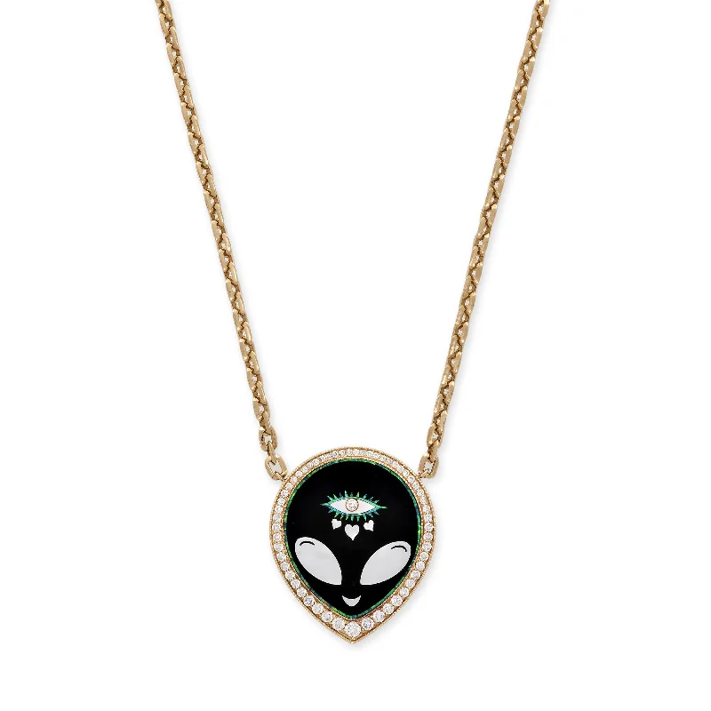 women's zodiac necklace -LARGE GRADUATED PAVE ONYX + PEARL ALIEN HEART EYE INLAY MOE CHAIN NECKLACE