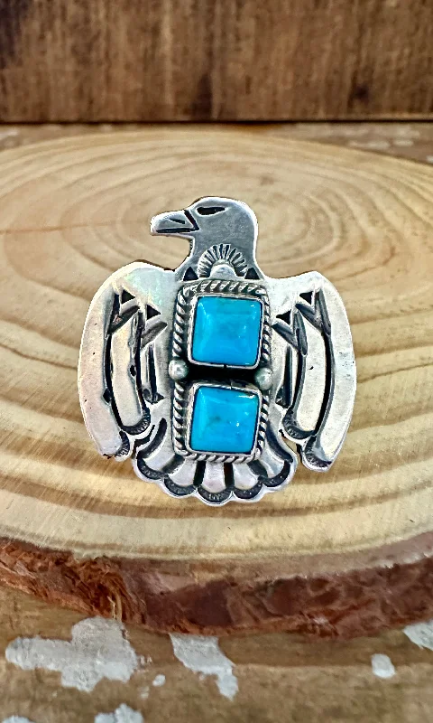 women's engagement ring with subtle elegance -LARGE THUNDERBIRD Running Bear Navajo Turquoise and Sterling Silver Ring • Multiple Sizes