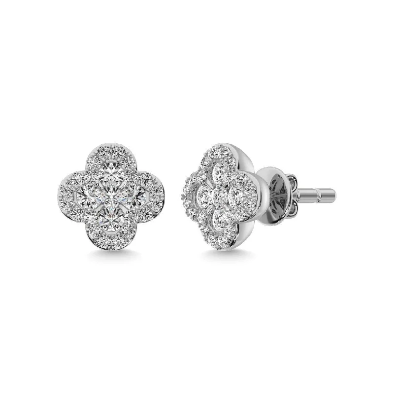 women's silver earrings -Diamond Clover Earrings 3/8 ct tw in 14K White Gold