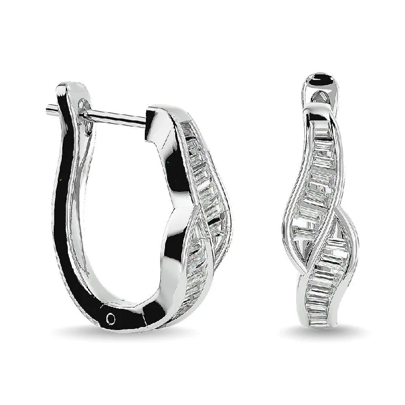 women's pear-shaped earrings -Diamond 1/3 Ct.Tw. Straight Baguette Hoop Earrings in 14K White Gold