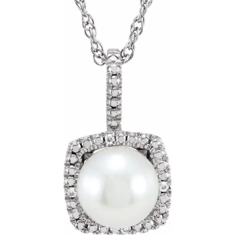 women's moonstone necklace -Sterling Silver 6.5-7 mm Cultured White Freshwater Pearl & .015 CTW Natural Diamond 18" Necklace