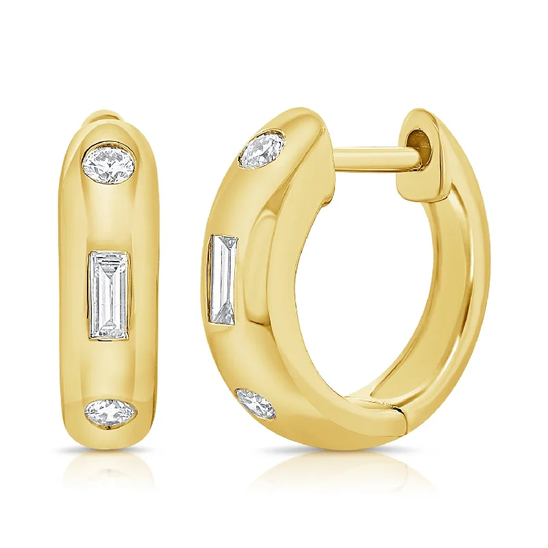 women's drop earrings -Baguette & Round Bezel Set Huggies in 14kt Gold