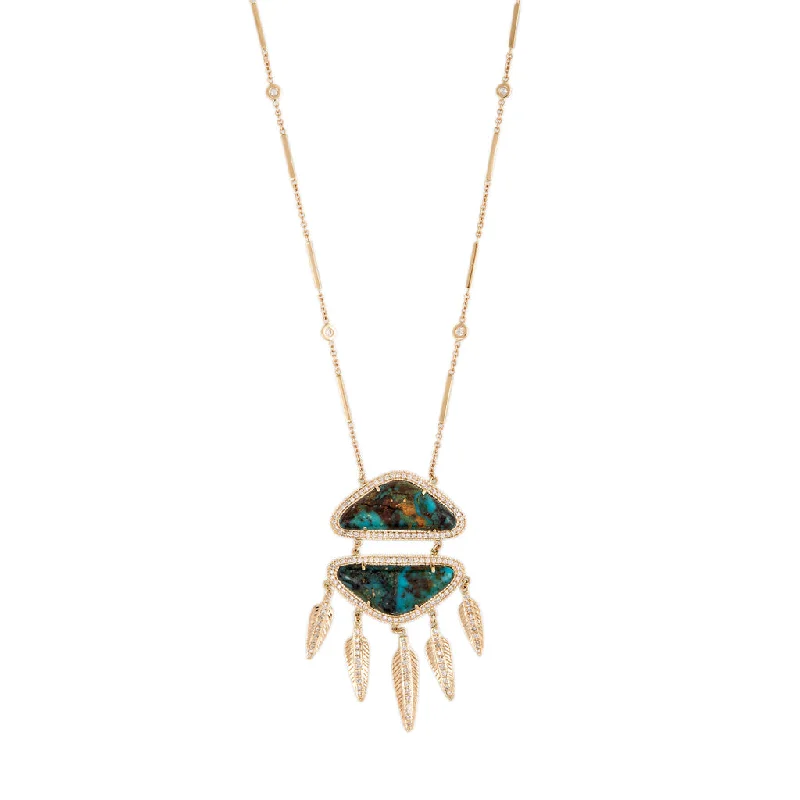 women's rose gold necklace -CHRYSOCOLLA PAVE DIAMOND DOUBLE TRIANGLE FEATHER SHAKER NECKLACE