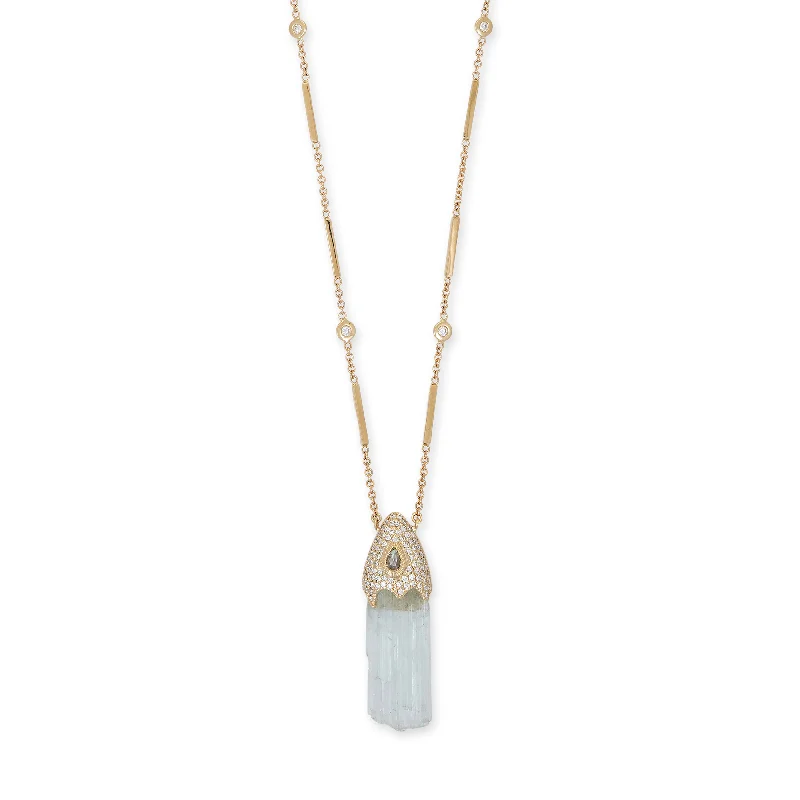 women's opal necklace -TEARDROP DIAMOND PAVE CAP + RAW AQUAMARINE CRYSTAL NECKLACE