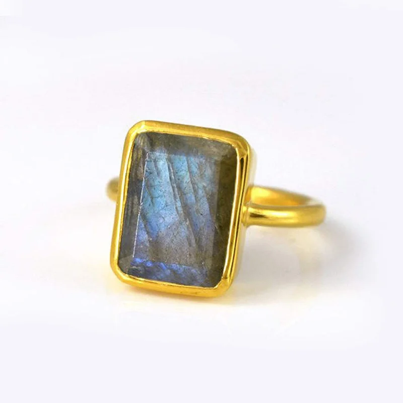 women's engagement ring with marquise cut diamond -Labradorite Rectangle Bezel Set Ring