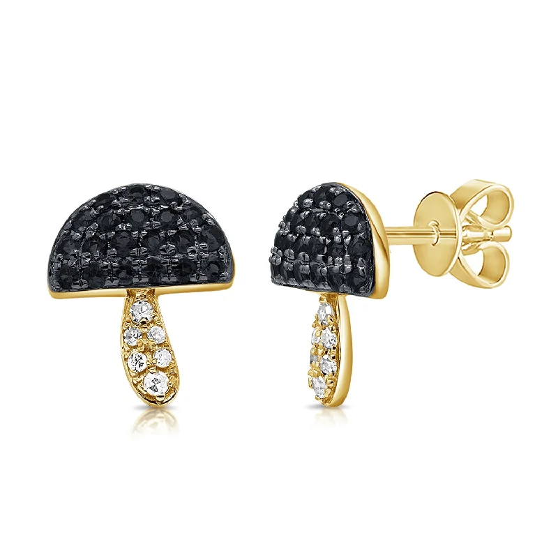 women's moon earrings -Unique Mushroom Stud Earrings with Black & White Diamonds