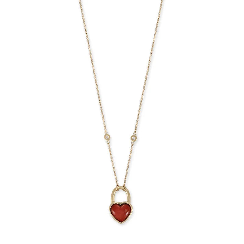 women's charm necklace -CORAL HEART LOCK NECKLACE