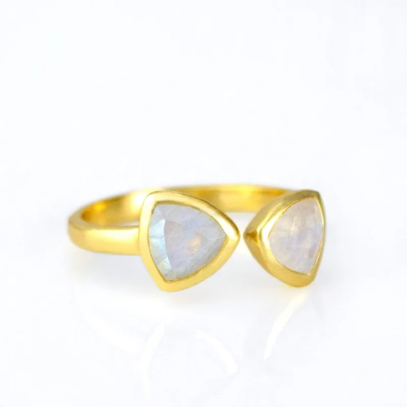 women's engagement ring with curved band -Rainbow Moonstone Adjustable Bow Tie Triangle Ring