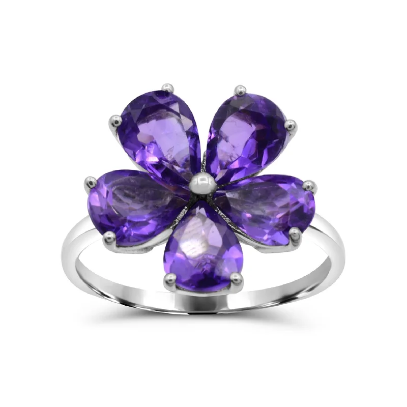 women's engagement ring with diamond halo -7X5MM Pear Amethyst Flower Gem Stone Ring in Rhodium Plated Sterling Silver