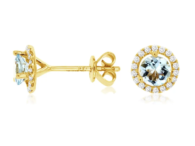 women's artistic earrings -Aquamarine & Diamond Earrings with Diamond Halo set in 14kt Yellow Gold