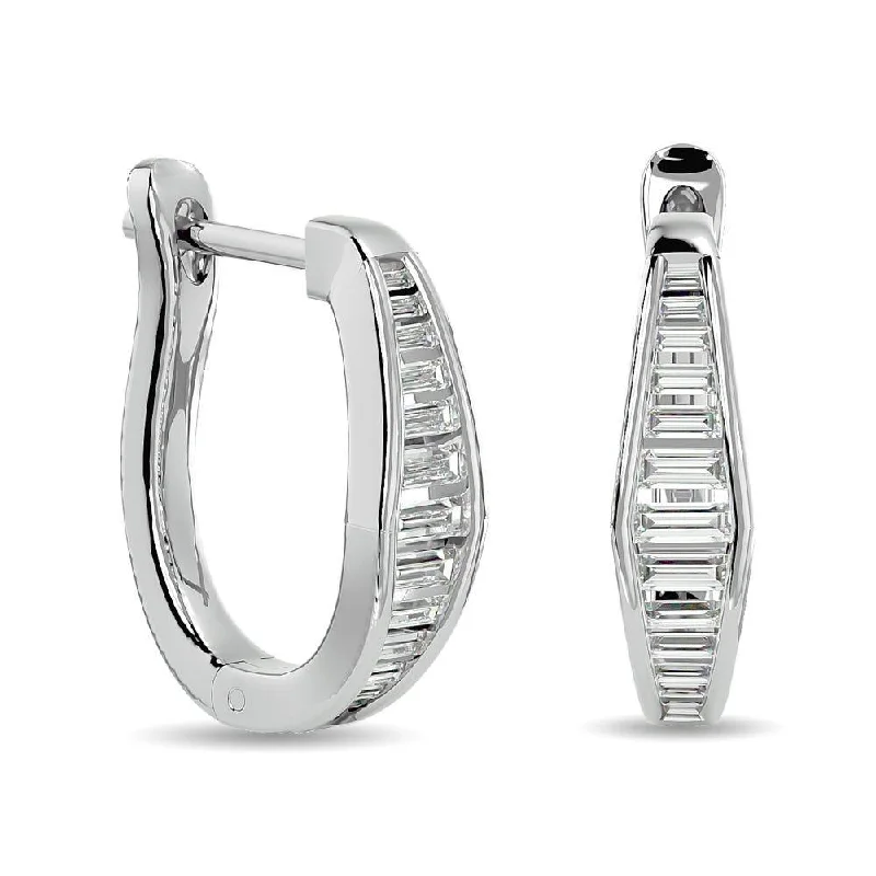 women's hoop stud earrings -Diamond 1/2 Ct.Tw. Straight Baguette Hoop Earrings in 14K White Gold