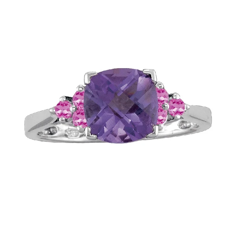 women's engagement ring with fancy color diamonds -8MM Cushion Amethyst and Pink Sapphire Ring in Sterling Silver