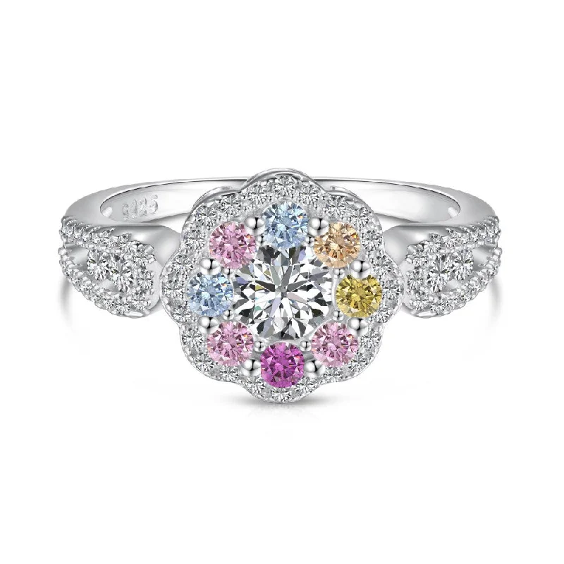 women's engagement ring with gemstone accents -Sterling Silver Multicolor Halo Flower Ring with White and Pastel Gemstones