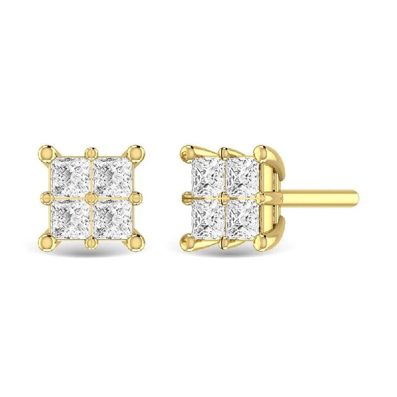 women's heart earrings -Diamond Princess Cut Fashion Earrings in 14K Yellow Gold