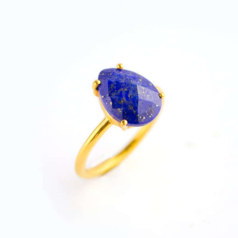 women's engagement ring with cathedral design -Lapis Lazuli Teardrop Prong Set Ring • September Birthstone