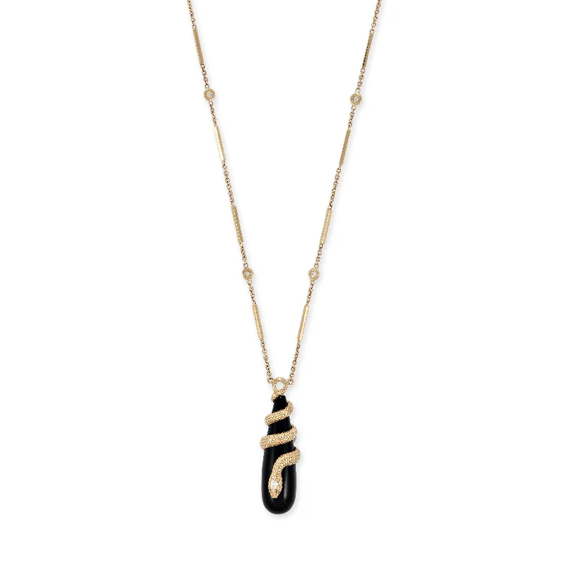 women's delicate necklace -DIAMOND SNAKE WRAPPED ONYX DROPLET NECKLACE