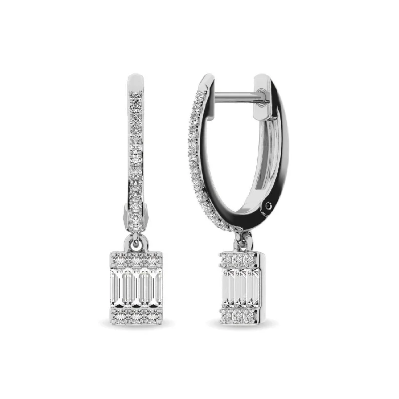 women's crystal drop earrings -Diamond 1/3 Ct.Tw. Round and Baguette Hoop Earrings in 14K White Gold