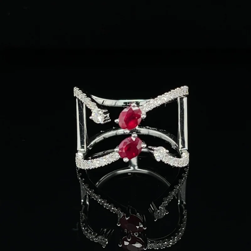 women's engagement ring with organic style -Ruby 2-Stone Bow-Tie Wide Double Ring in 18k White Gold - #234 - HRRUB002262