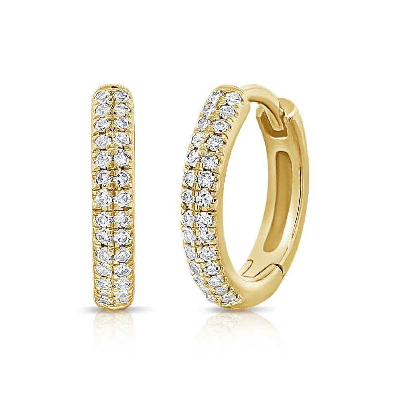 women's sapphire earrings -Double Row Diamond Huggie Hoop Earrings in 14K Gold