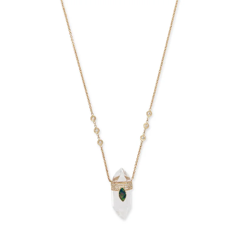 women's statement pendant necklace -PAVE OPAL MARQUISE CAP + CLEAR QUARTZ CRYSTAL NECKLACE