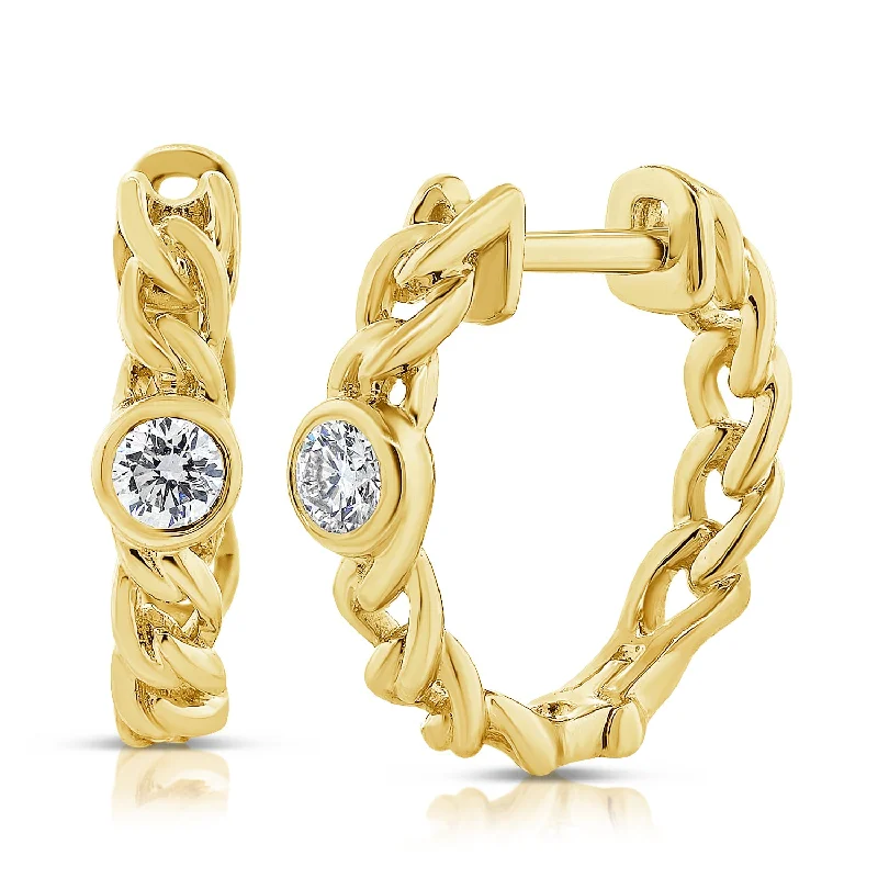 women's birthstone earrings -Diamond Solitaire Link Huggie Earrings