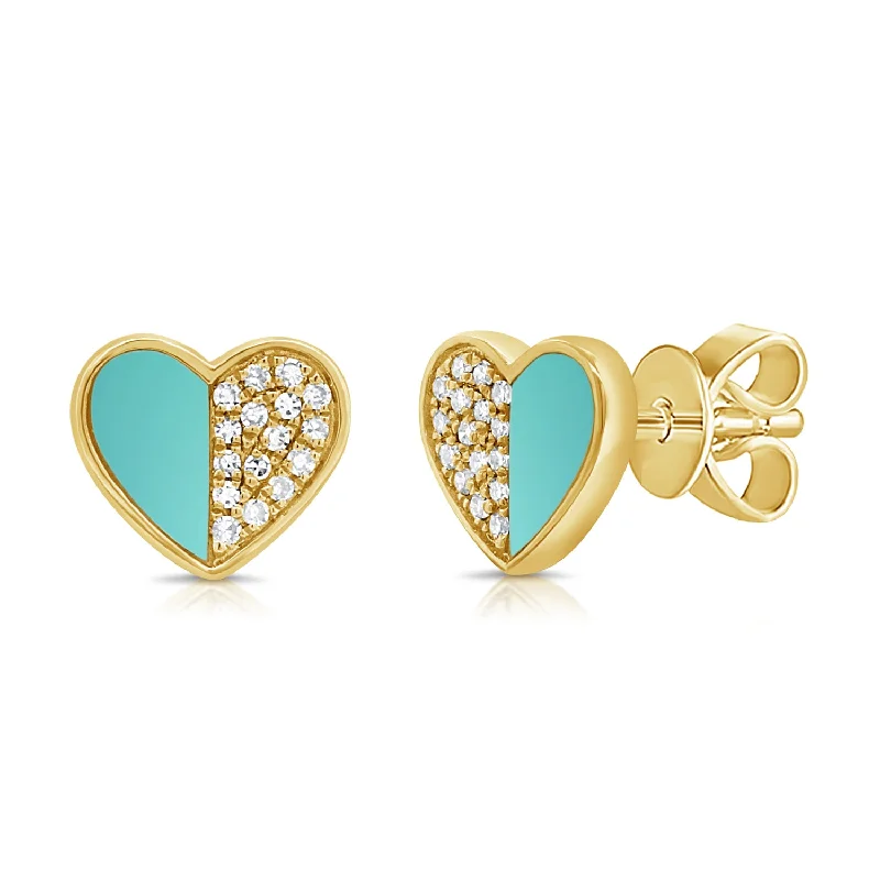 women's charm earrings -14K Gold Turquoise & Diamond Heart Stud Earrings