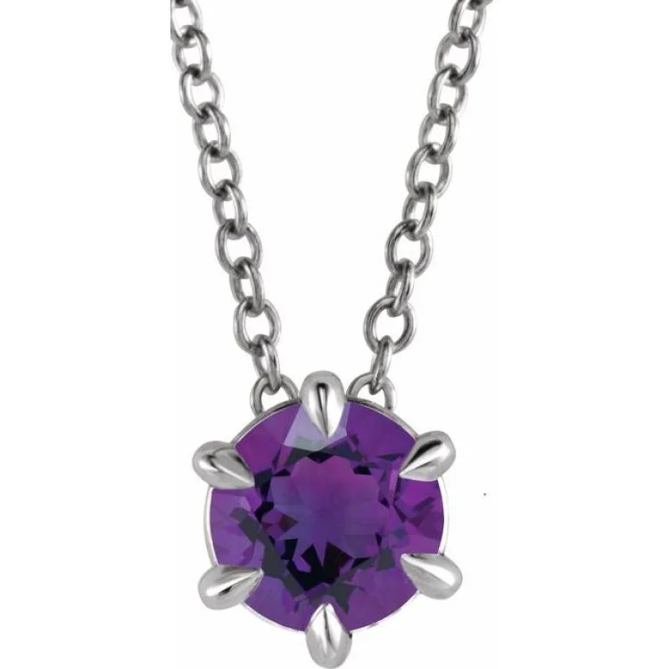 women's gemstone necklace -Sterling Silver 6 mm Natural Amethyst Solitaire 16-18" Necklace