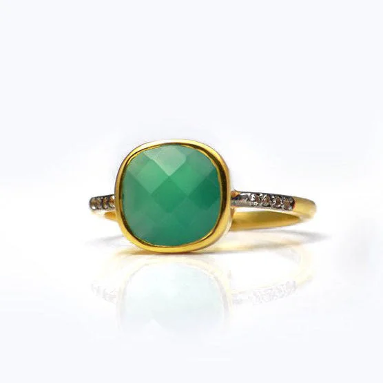 women's engagement ring with diamond band -Green Onyx Pave Cushion Bezel Set Stacking Ring: May Birthstone