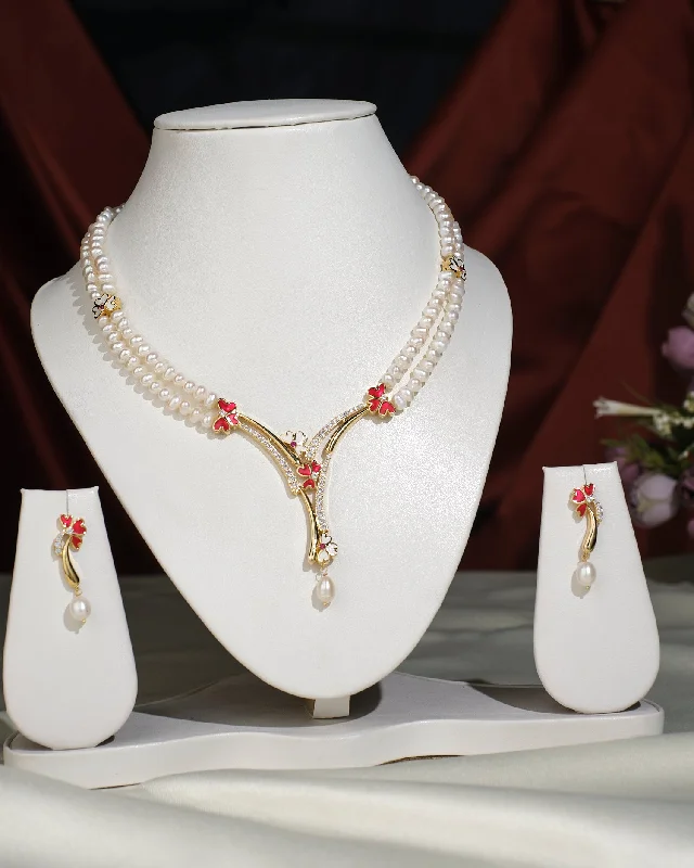 women's flower necklace -Floral Enamel Pearl Necklace Set