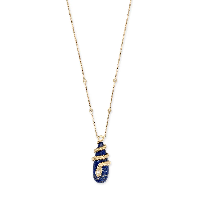 women's personalized necklace -DIAMOND SNAKE WRAPPED LAPIS DROPLET NECKLACE